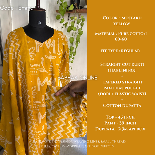 Emma - Mustard Yellow Cotton kurti 3pc set with lining - LN6