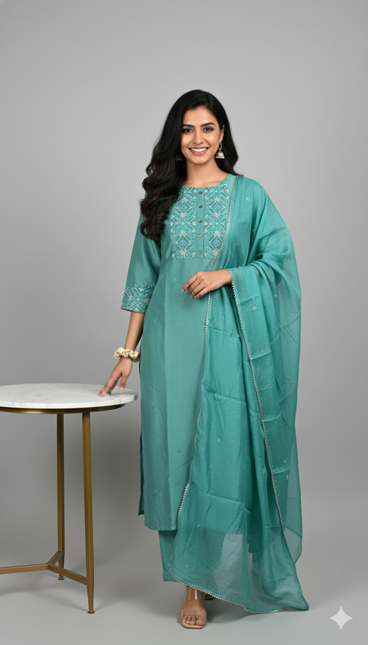 Saanvi - Teal Viscose Festive Kurti 3pc set