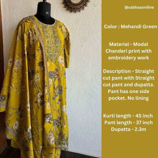 Hamsa - Mehandi Green Chanderi Festive kurti 3pc set