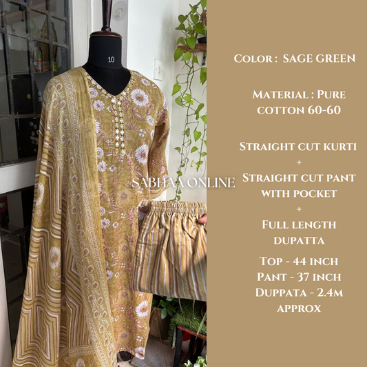 Hazel - Sage green Cotton Kurti 3pc set