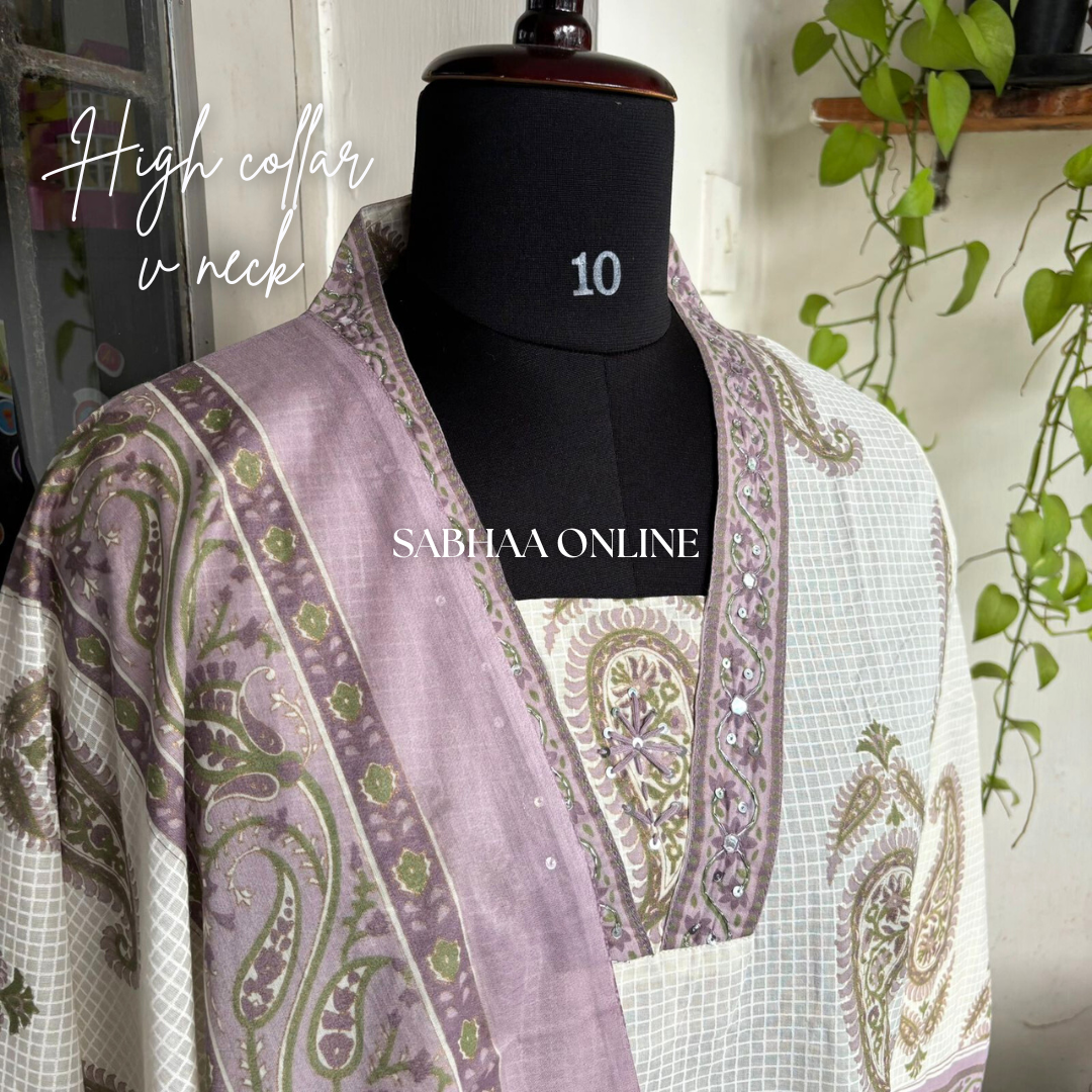 Kalki - Cream white and Mauve Cotton kurti 3pc set