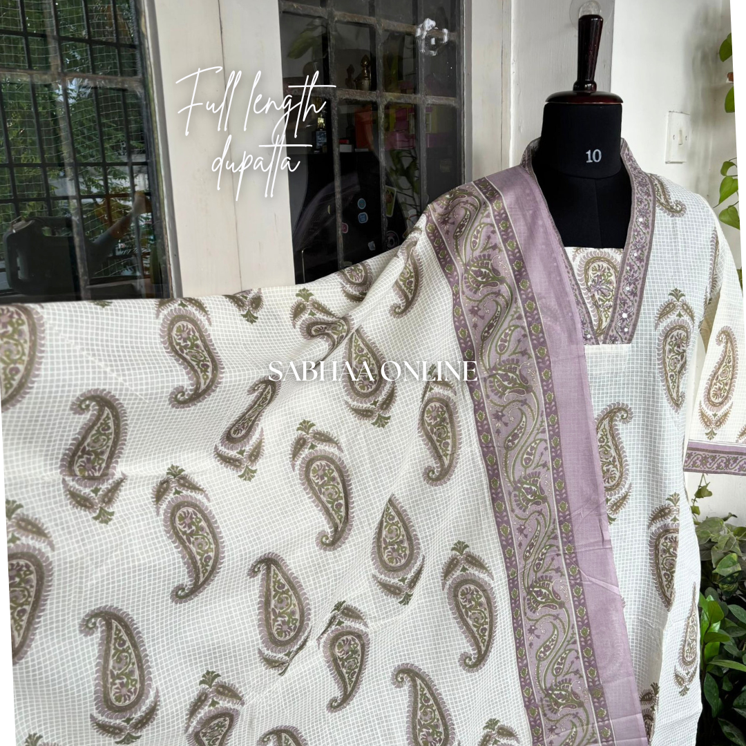 Kalki - Cream white and Mauve Cotton kurti 3pc set