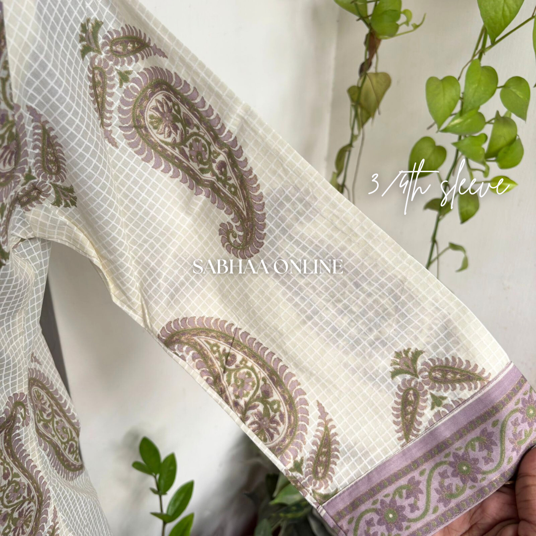 Kalki - Cream white and Mauve Cotton kurti 3pc set