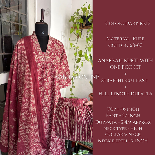 Kamna - Dark Red Cotton Aline kurti 3pc set