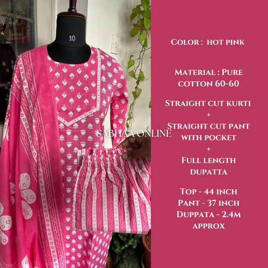 Kavya - Pink Cotton kurti 3pc set