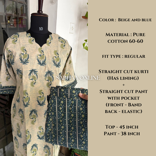 Krithi - Beige and Blue Cotton Kurti pant with lining