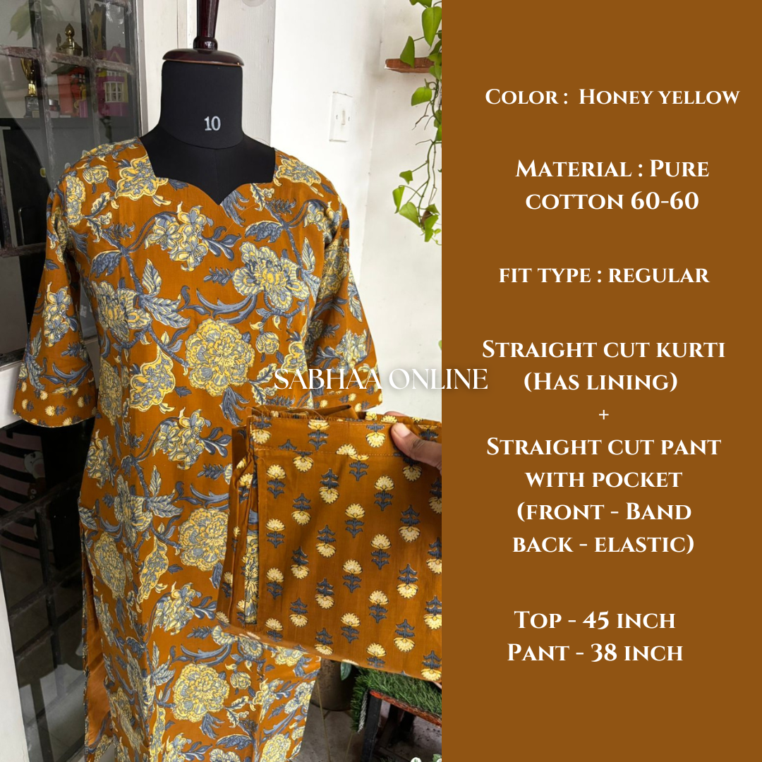 Krupa - Honey Yellow Cotton kurti pant set with lining
