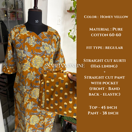 Krupa - Honey Yellow Cotton kurti pant set with lining