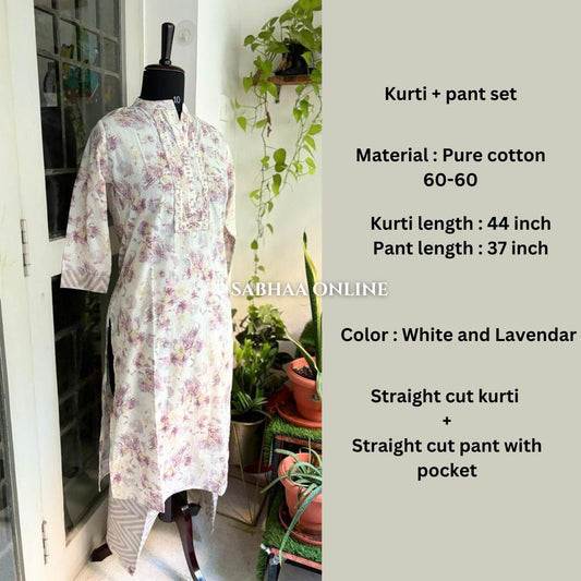 Latika - Off white Cotton Kurti Pant set