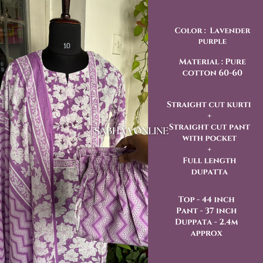 Maushmi - Lavendar Cotton kurti 3pc set