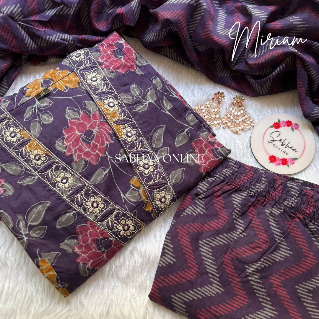 Miriam - Purple Cotton Aline kurti 3pc set