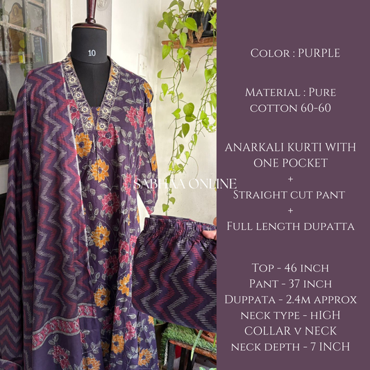 Miriam - Purple Cotton Aline kurti 3pc set