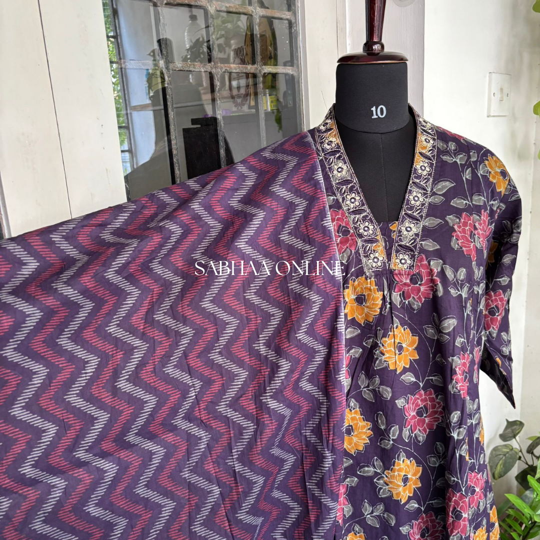 Miriam - Purple Cotton Aline kurti 3pc set