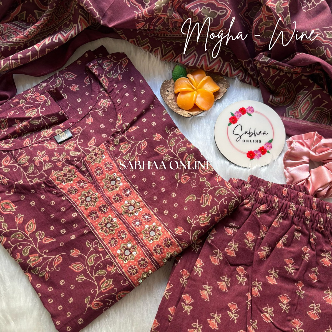 Mogha - Wine Cotton Kurti 3pc set