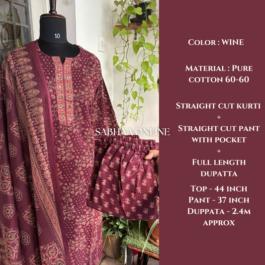 Mogha - Wine Cotton Kurti 3pc set