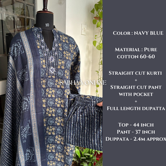 Nagma - Navy Blue Cotton kurti 3pc set