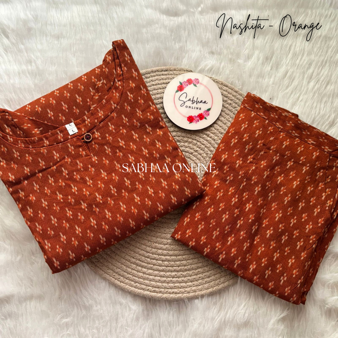 Nashita - Rust Orange Ikkat Cotton Kurti pant set (With lining)