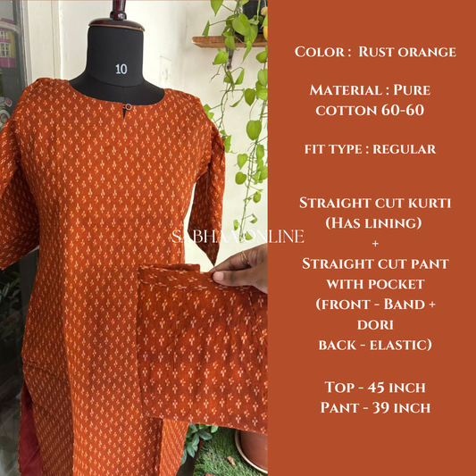 Nashita - Rust Orange Ikkat Cotton Kurti pant set (With lining)