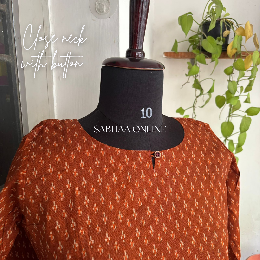 Nashita - Rust Orange Ikkat Cotton Kurti pant set (With lining)