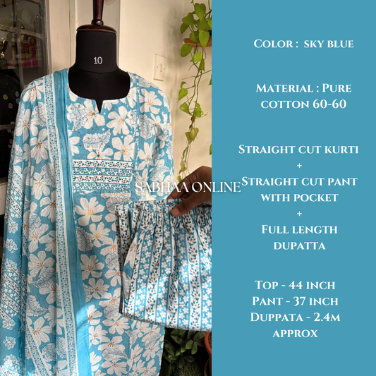 Navya - Sky blue Cotton kurti 3pc set