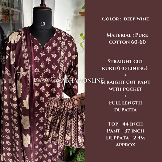 Neeti - Deep Wine Bagru Cotton Kurti 3pc set