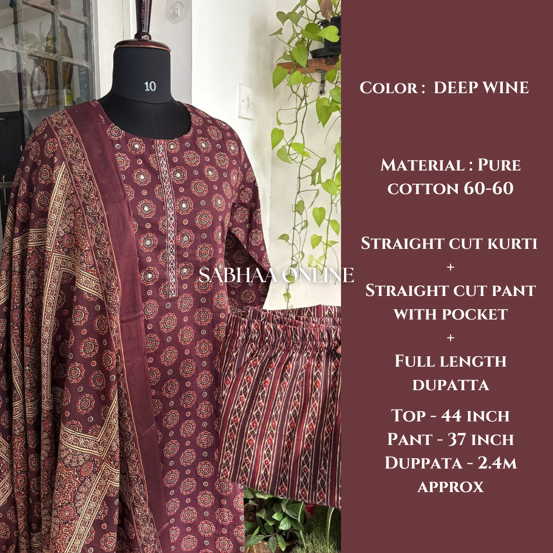 Nitya - Deep Wine Ajrakh Cotton Kurti 3pc set