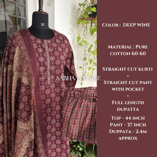 Nitya - Deep Wine Ajrakh Cotton Kurti 3pc set