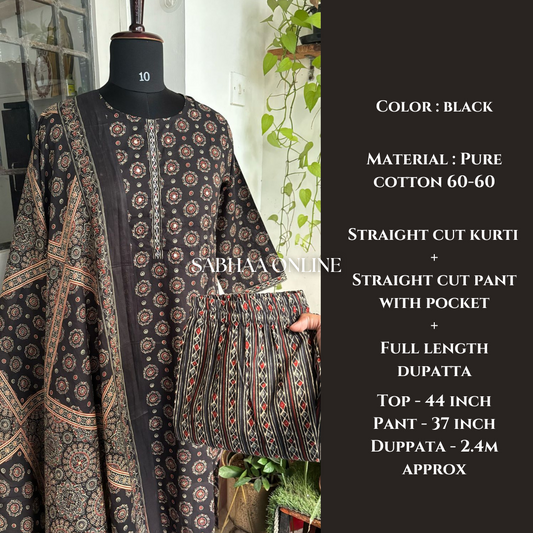 Nitya - Black Ajrakh Cotton Kurti 3pc set