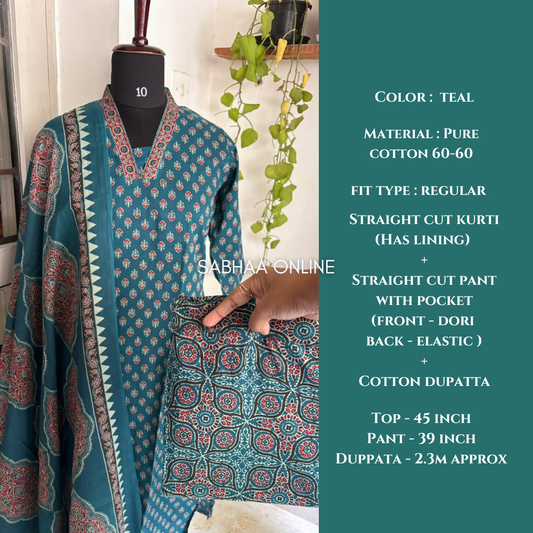 Nora - Teal Cotton kurti 3pc set with lining - LN13