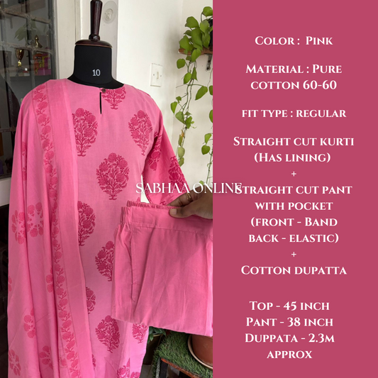 Olivia - Pink Cotton kurti 3pc set with lining