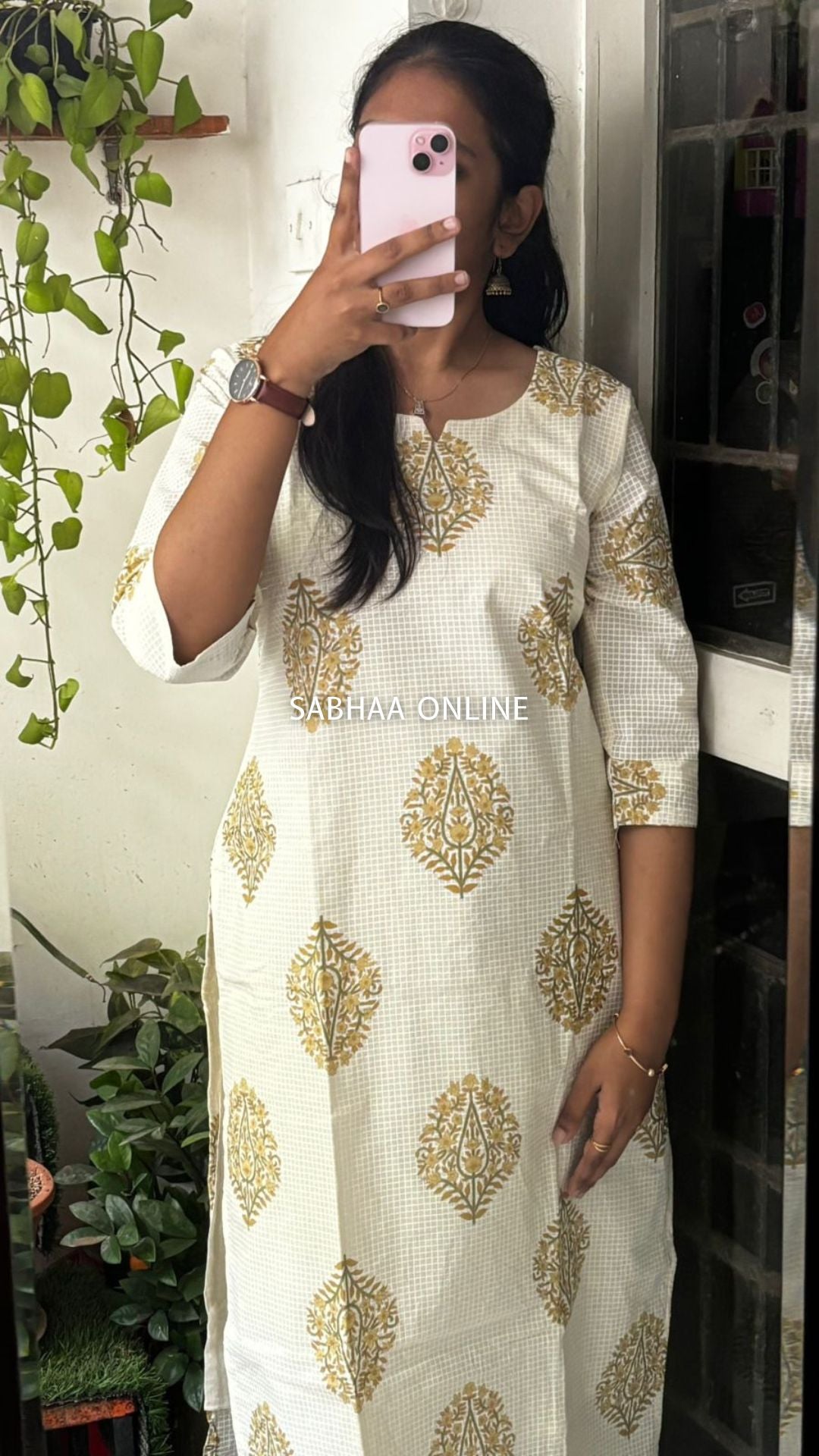 Omana - Offwhite and yellow Cotton Kurti 3pc set with lining