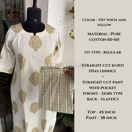 Omana - Offwhite and yellow Cotton Kurti 3pc set with lining