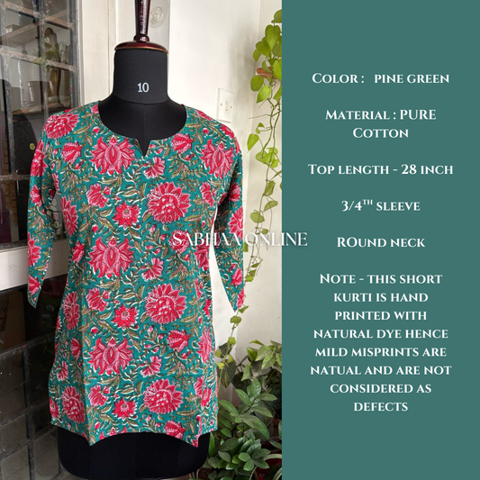 Phool - Pine green Cotton Short kurti
