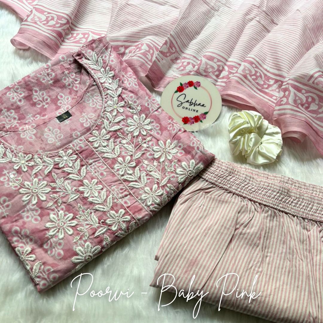 Poorvi - Pink Cotton kurti 3pc set