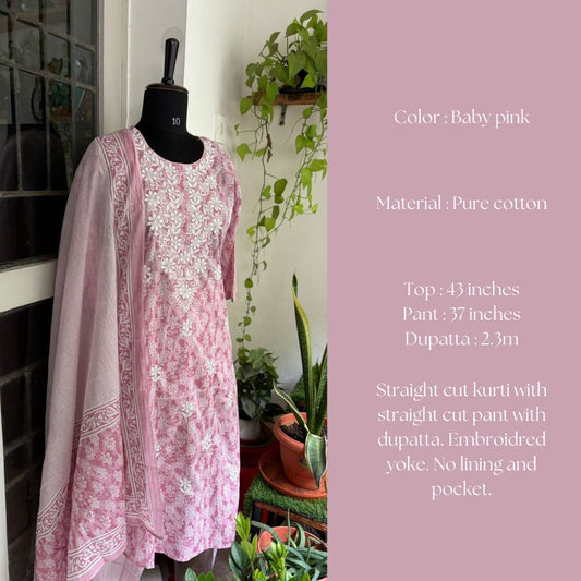 Poorvi - Pink Cotton kurti 3pc set