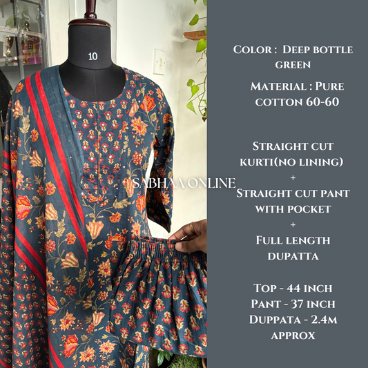Pragati - Deep Bottle Green Cotton Kurti 3pc set