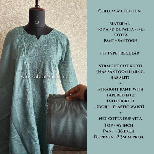 Yalina - Muted Teal Net Cotta kurti 3pc set with lining (SIZE L 40 ONLY) - LN 31