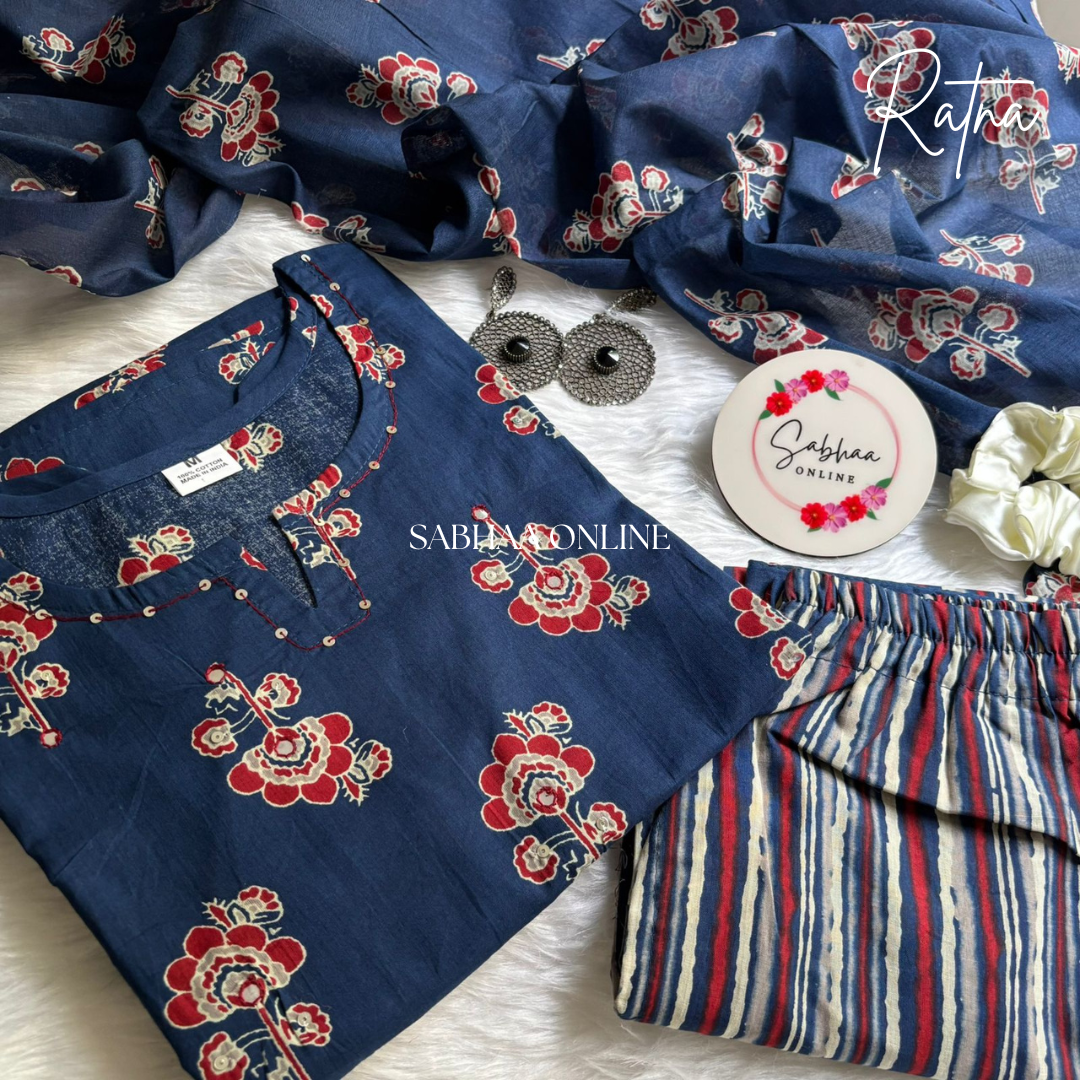 Ratna - Navy Blue Cotton kurti 3pc set
