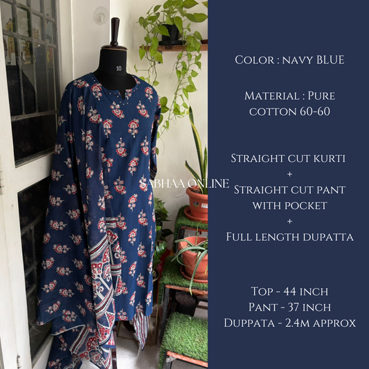 Ratna - Navy Blue Cotton kurti 3pc set