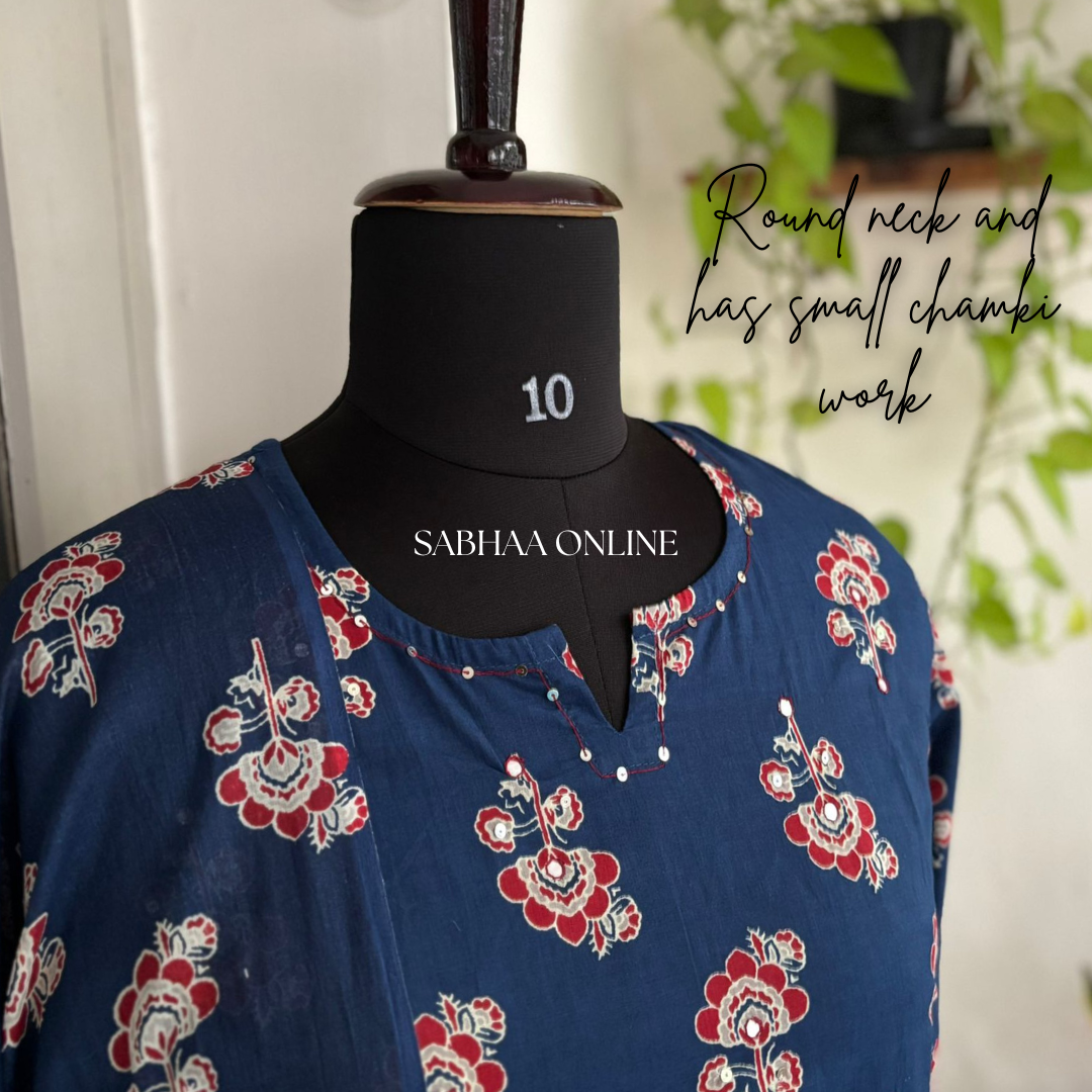 Ratna - Navy Blue Cotton kurti 3pc set