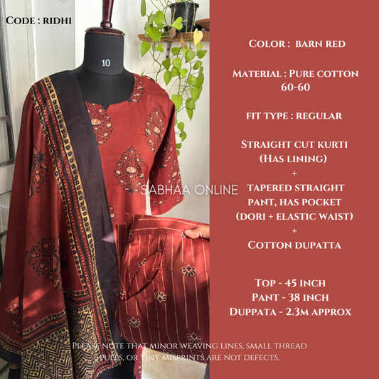 Ridhi - Barn red Cotton Kurti 3pc set with lining