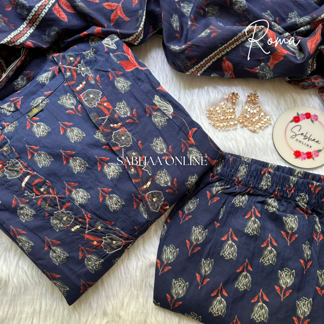 Roma - Navy Blue Cotton Aline Kurti 3pc set