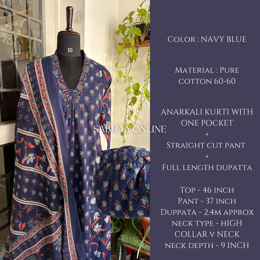 Roma - Navy Blue Cotton Aline Kurti 3pc set