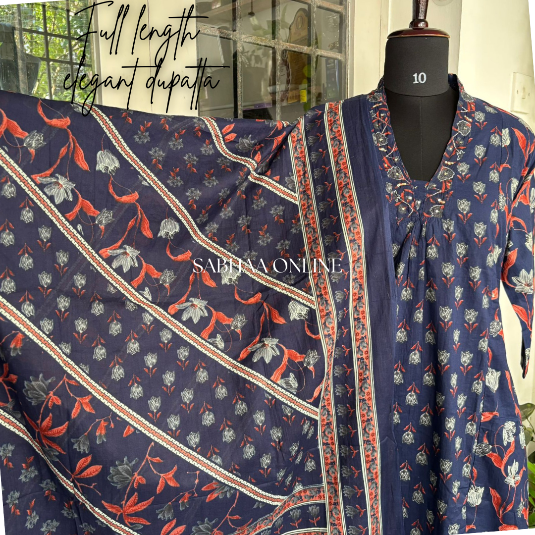 Roma - Navy Blue Cotton Aline Kurti 3pc set