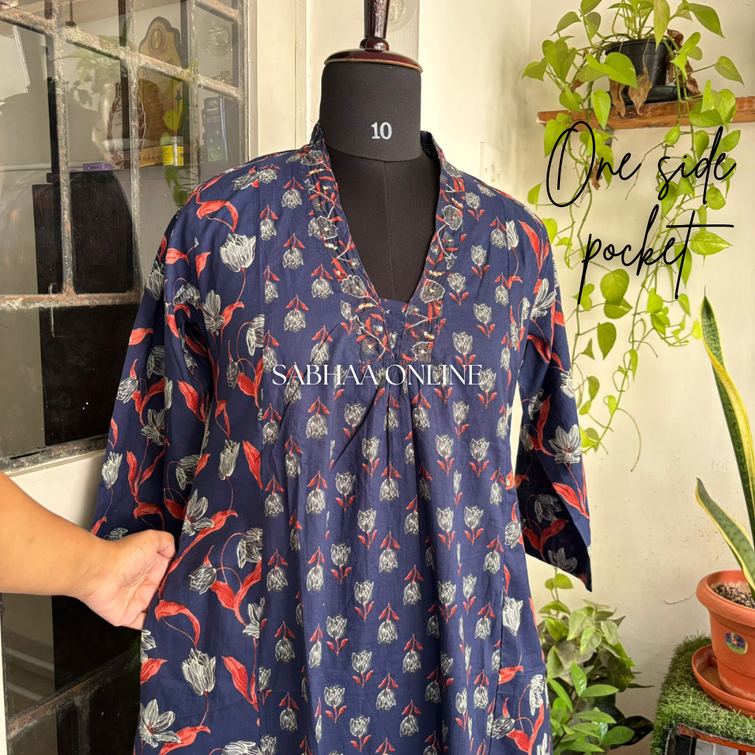 Roma - Navy Blue Cotton Aline Kurti 3pc set
