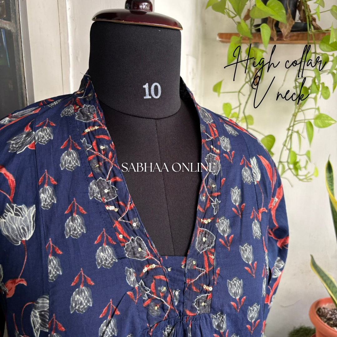 Roma - Navy Blue Cotton Aline Kurti 3pc set