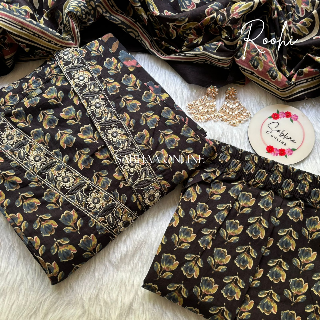 Roohi - Black Cotton Aline Kurti 3pc set