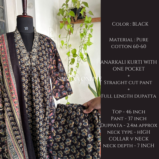 Roohi - Black Cotton Aline Kurti 3pc set