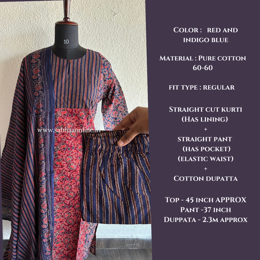 Shay - Red and Blue Ajrakh Cotton kurti 3pc set with lining - LN 45