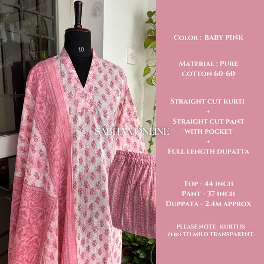 Sadiqa - Baby Pink Cotton Kurti 3pc set